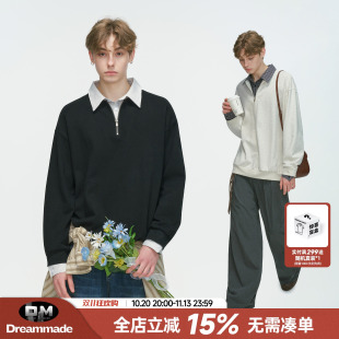 Dream made美式假两件衬衫领POLO衫卫衣男款春秋季半拉链内搭上衣