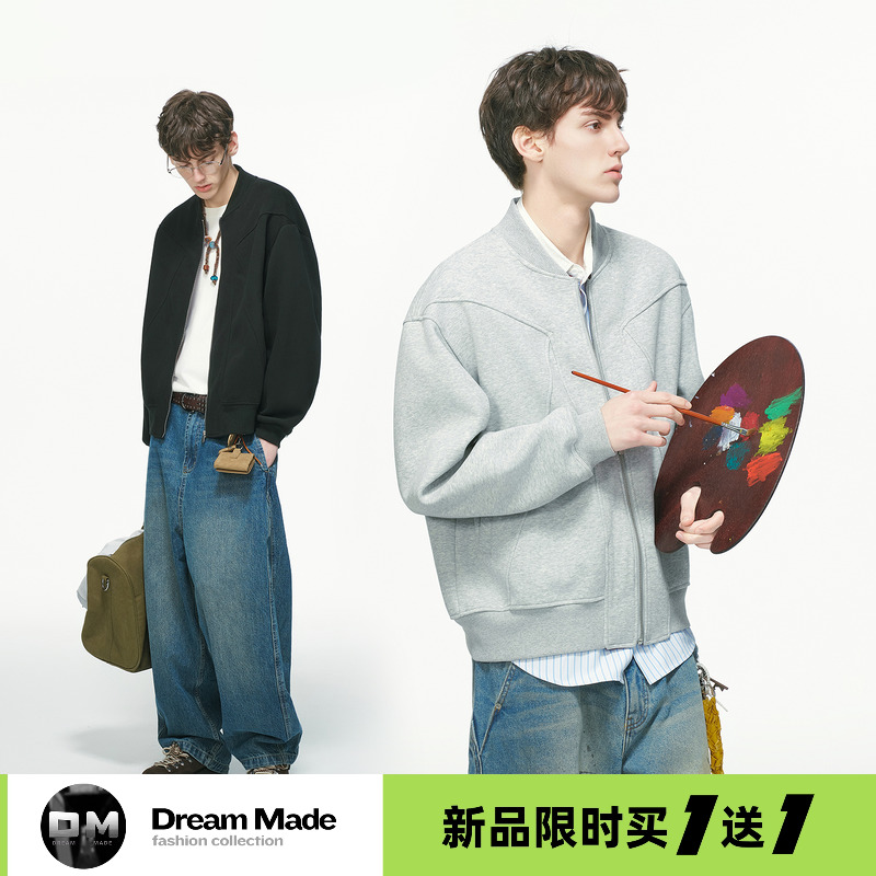 Dream made 美式cleanfit解构亨利领开衫卫衣男款秋冬季短宽外套