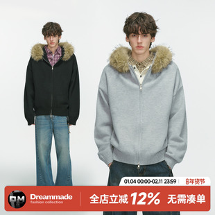 Dream made美式cleanfit毛领连帽开衫毛衣男秋冬季情侣针织衫外套
