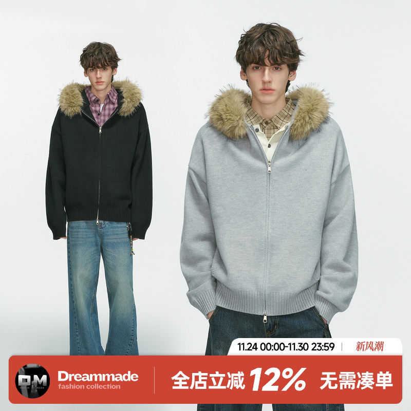 Dream made美式cleanfit毛领连帽开衫毛衣男秋冬季情侣针织衫外套