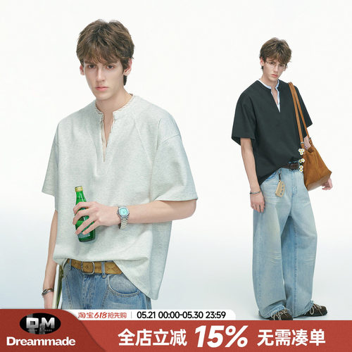 Dream made老钱假两件V领正肩短袖T恤男款夏季人夫感穿搭男生半袖