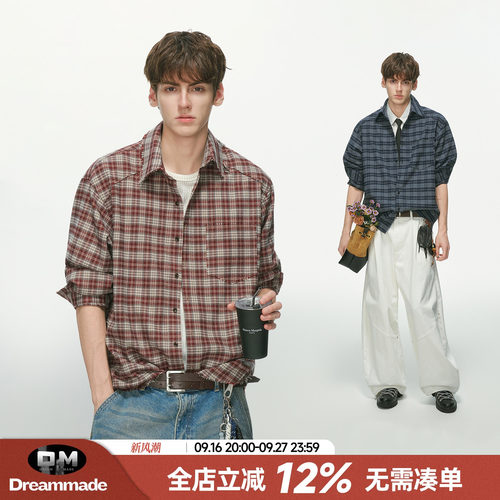 Dream made 红色格子正肩长袖衬衫男秋季设计感磨毛内搭情侣衬衣