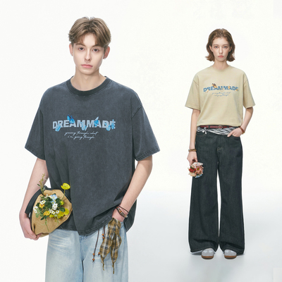 Dream made 美式复古水洗短袖T恤男款夏季潮牌重磅设计感半袖上衣