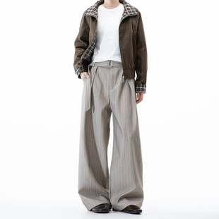 宽松直筒男生休闲裤 男秋冬季 子 made老钱风新贵条纹腰带西裤 Dream
