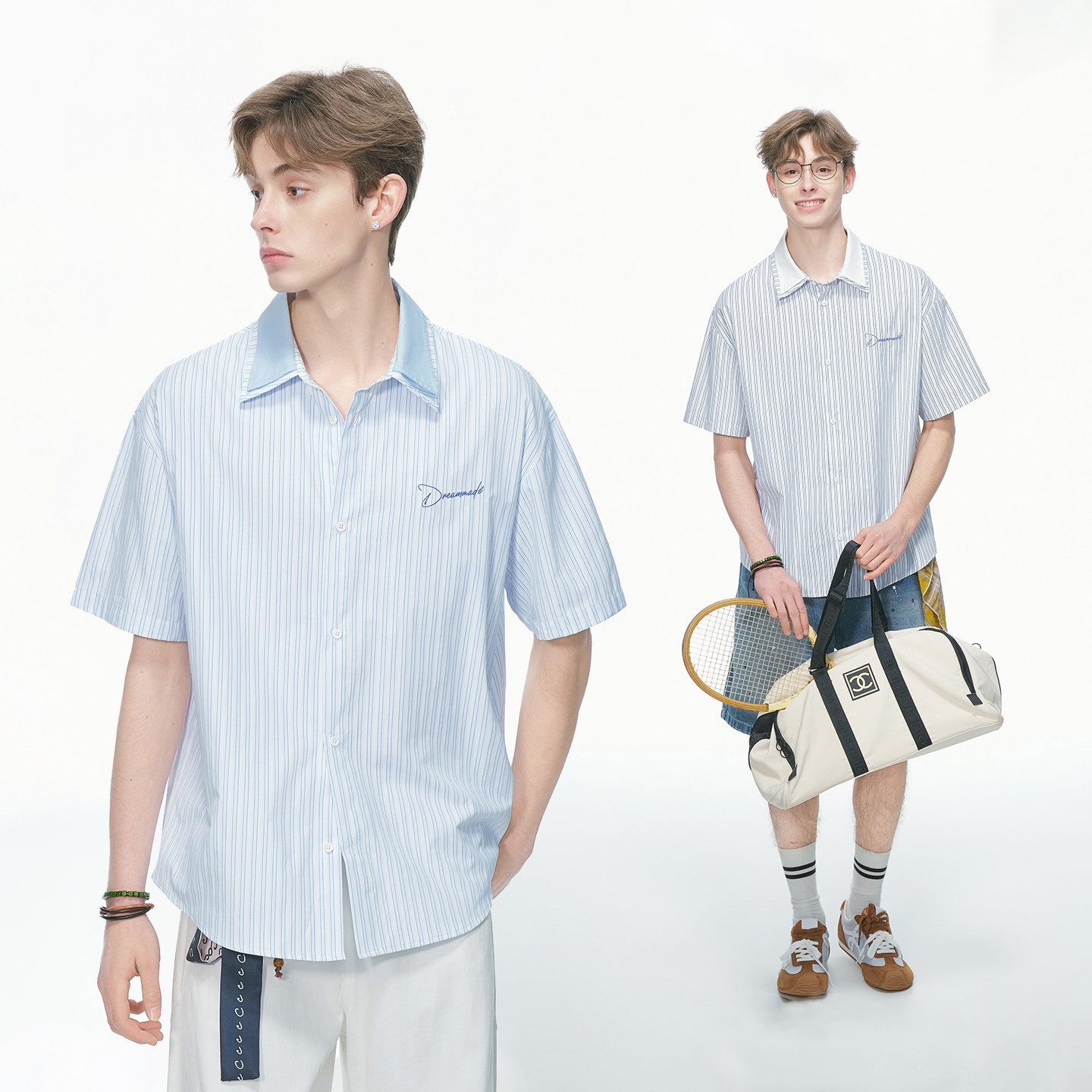Dream made 假两件蓝色条纹短袖衬衫男款夏季人夫感穿搭男生衬衣图片