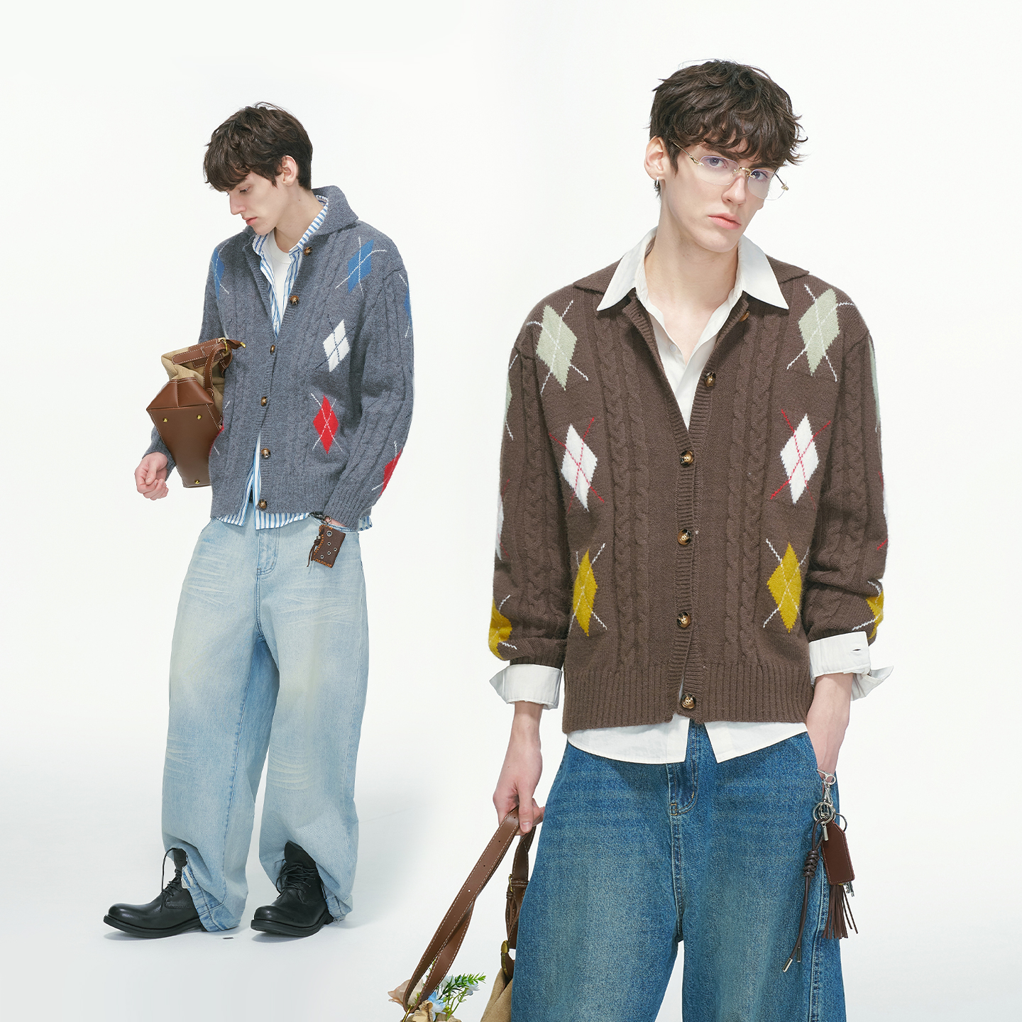 Dream made 秋冬季人夫感麻花菱形格开衫毛衣男老钱风针织衫外套