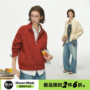 Dream made 绵羊毛混纺红色开衫毛衣外套男女款秋冬季内搭针织衫