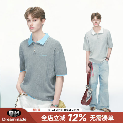 Dream made 美式假两件撞色POLO领针织短袖T恤男夏季情侣半袖上衣