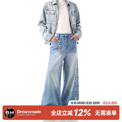 Dream made 美式水洗十字架牛仔裤男款秋冬季直筒阔腿弯刀长裤子