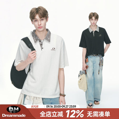 Dream made 美式假两件撞色短袖polo衫男款夏季男生肌理感半袖T恤