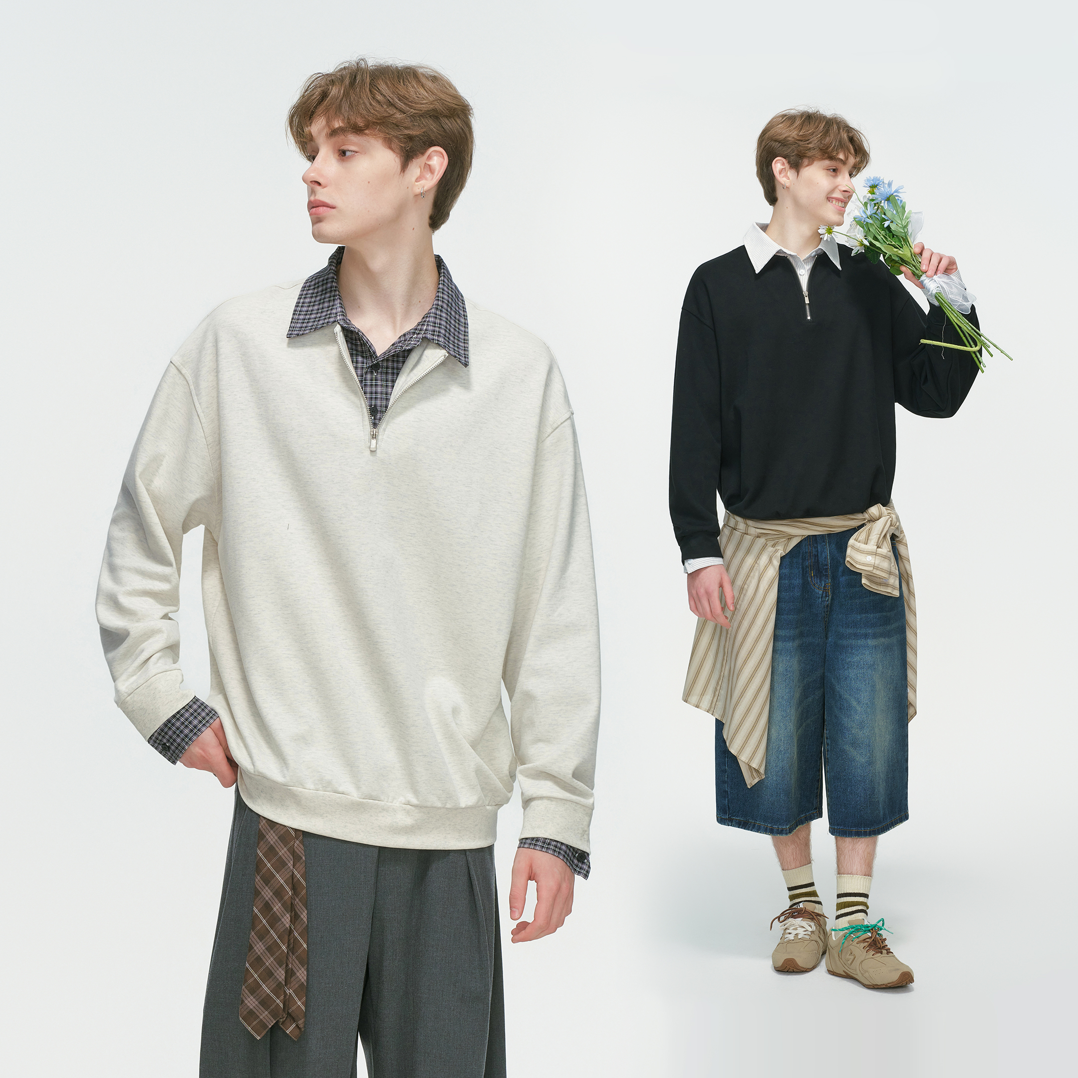 Dream made假两件学院风POLO衫卫衣男春秋季休闲半拉链衬衫领上衣