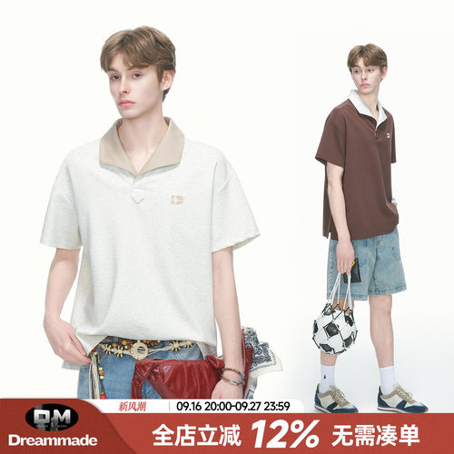 Dream made 复古老钱风撞色休闲短袖polo衫男夏季情侣半袖T恤上衣