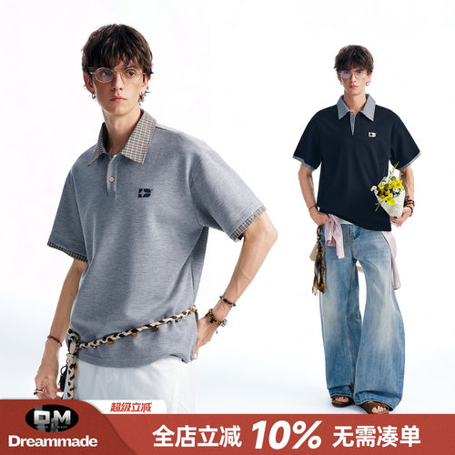 Dream made 美式假两件格子POLO短袖男款夏季cleanfit男生半袖t恤