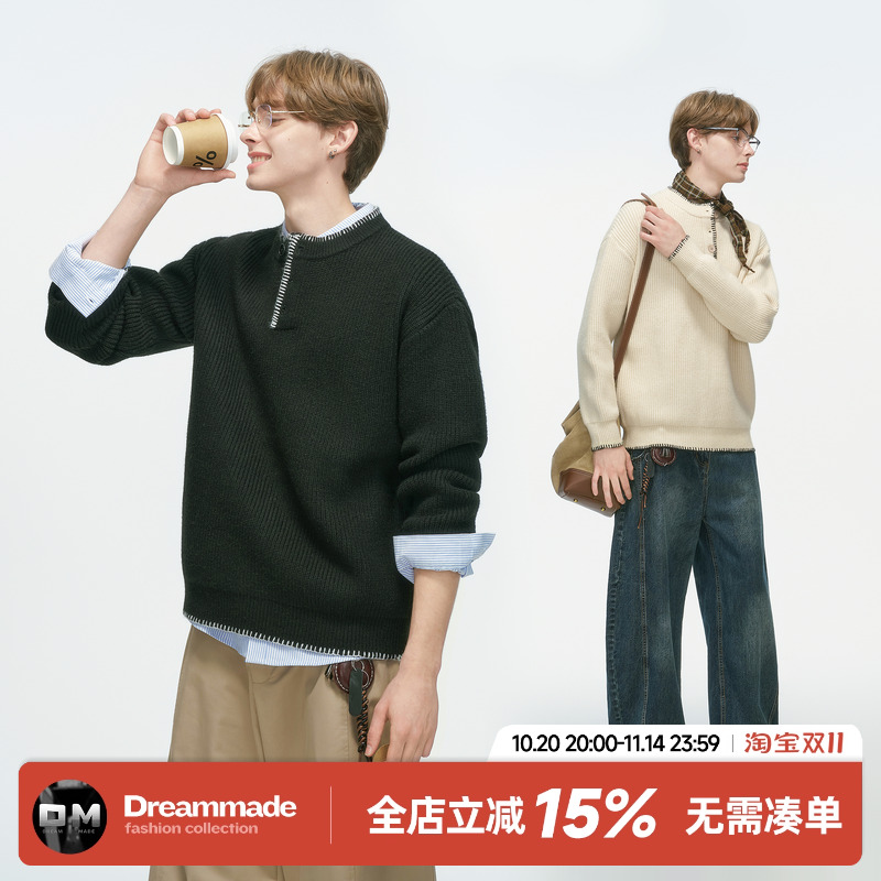 Dream made 手工缝线亨利领老钱风毛衣男秋冬季慵懒风套头针织衫
