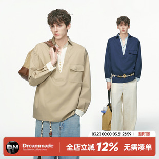 男春季 Dream 衬衫 老钱风假两件V领长袖 休闲叠穿内搭男生衬衣 made