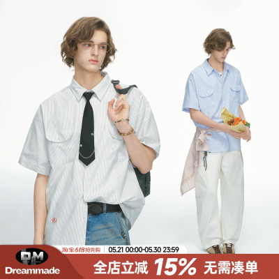 Dream made美式白色条纹短袖衬衫男款夏季人夫感穿搭男生工装衬衣