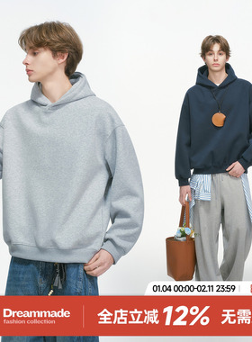 Dream made 美式连帽短宽灰色卫衣男秋冬季加绒加厚重磅男生外套