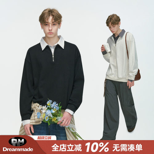 Dream made美式假两件衬衫领POLO衫卫衣男款春秋季半拉链内搭上衣