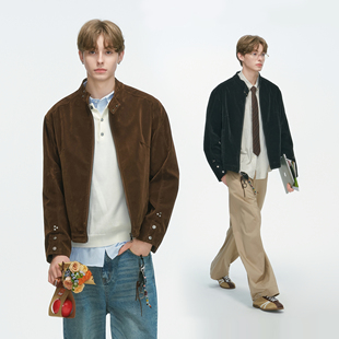 麂皮外套 摩登街头棕色绒皮工艺哈灵顿立领夹克男秋季 Dream made
