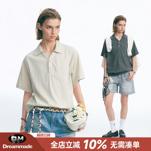 Dream made 天丝莱赛尔手缝线短袖POLO衫男女夏季休闲男生V领T恤