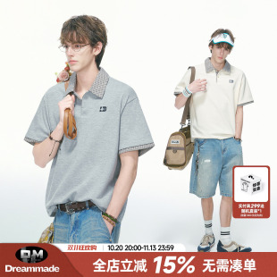 Dream made 人夫感假两件格子POLO衫短袖男款夏季美式男生半袖T恤
