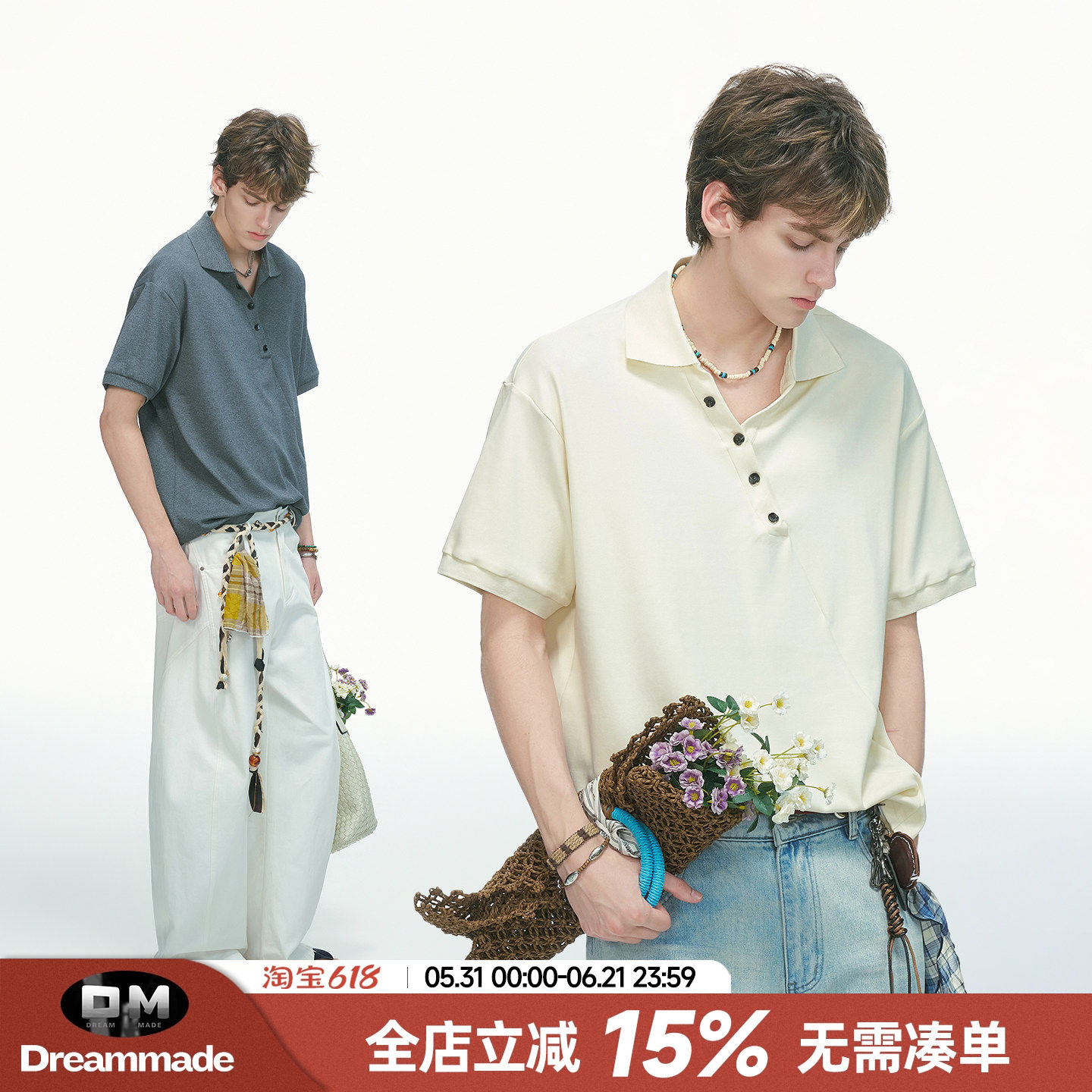 Dream made人夫感海鸥领短袖polo衫男款夏季男生斜分割V领半袖T恤
