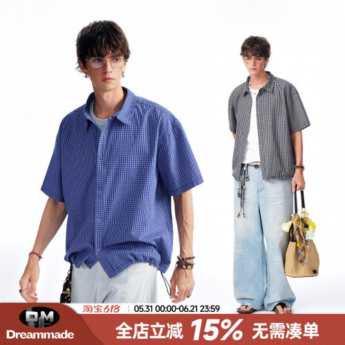 Dream made 皇家蓝色格子抽绳短袖衬衫男款夏季休闲miu系男生衬衣