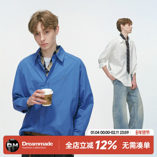Dream made 美式极简刺绣蓝色长袖衬衫男款春秋季少年感休闲衬衣
