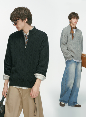 Dream made冬季加厚半拉链麻花毛衣男老钱风内搭针织衫男生毛线衣