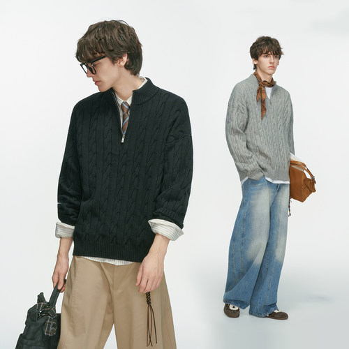 Dream made冬季加厚半拉链麻花毛衣男老钱风内搭针织衫男生毛线衣