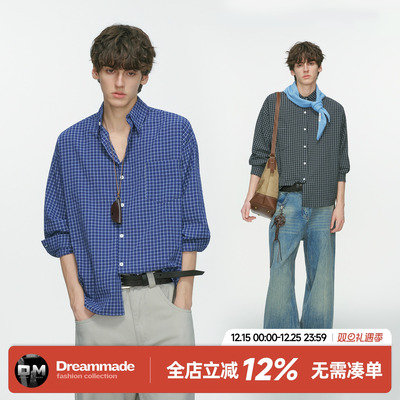 Dream made 美式高级感蓝色格子长袖衬衫男款春秋季内搭休闲衬衣
