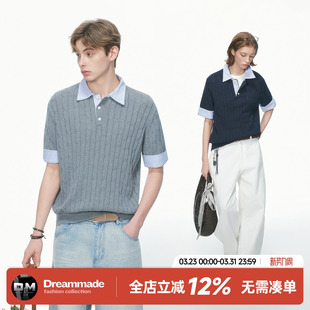 领针织短袖 老钱风假两件衬衫 polo衫 男款 情侣T恤女 Dream 夏季 made