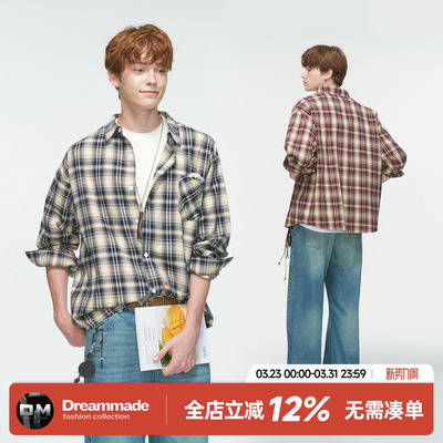 Dream made 美式复古格子长袖衬衫男春秋季潮牌休闲情侣衬衣外套