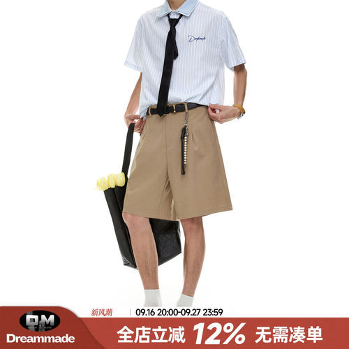 Dream made 老钱风双褶直筒西装短裤男夏季直筒宽松男生五分裤子