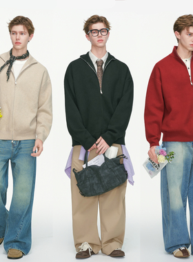 Dream made 美式立领双头拉链开衫毛衣男秋季cleanfit慵懒针织衫