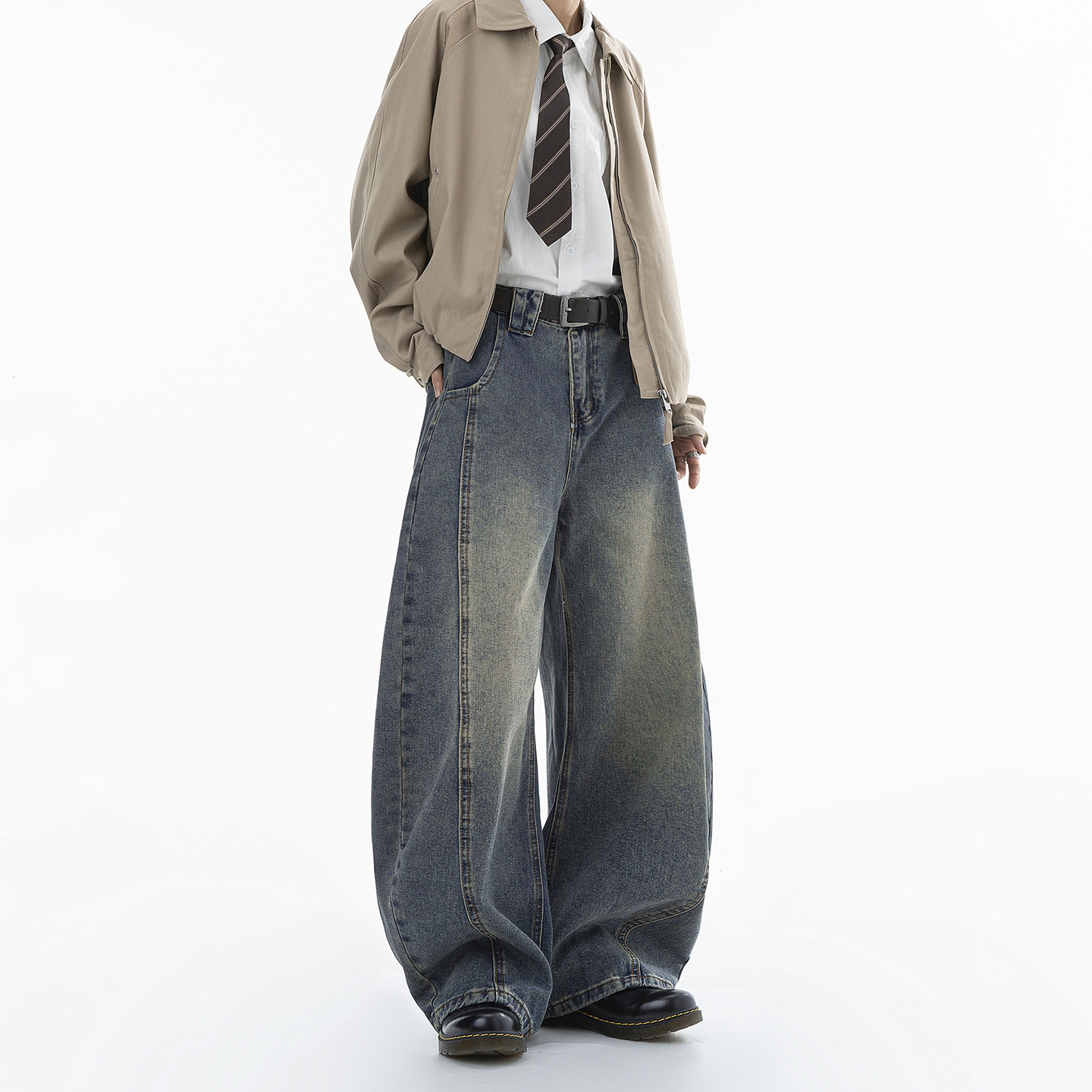 Dream made 美式解构弯刀牛仔裤男款秋冬季直筒阔腿裤男生长裤子