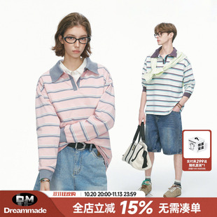 Dream made 撞色条纹POLO衫长袖T恤男女款秋季松弛感通勤情侣上衣
