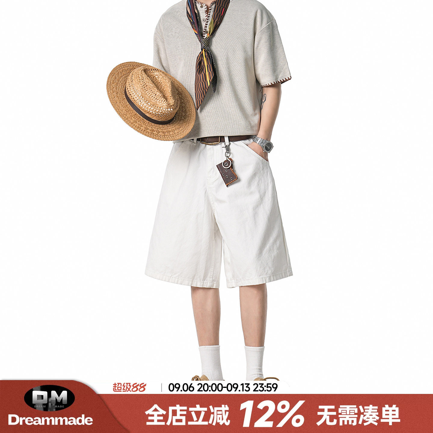 Dream made 美式白色工装外穿短裤男款夏季直筒阔腿男生五分裤子图片