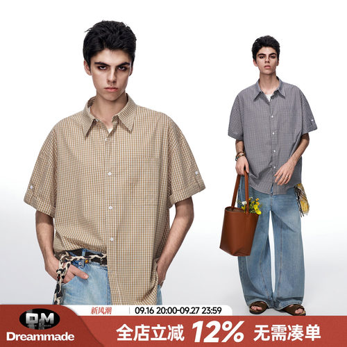 Dream made 美式高级感格纹短袖衬衫男夏季休闲廓形格子男生衬衣