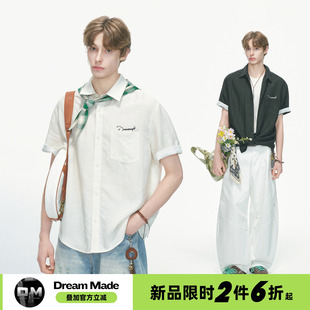 Dream made老钱风莱赛尔白色条纹短袖衬衫男夏季透气亚麻半袖衬衣
