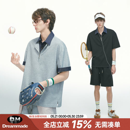 Dream made 假两件衬衫领短袖POLO衫男款夏季两件套男生短裤套装