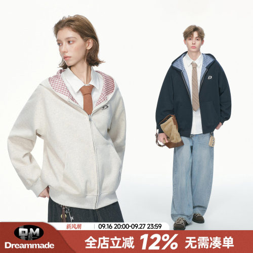 Dream made美式cleanfit双面穿格子开衫卫衣男女春季情侣拉链外套