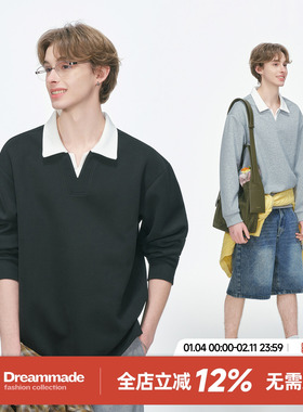 Dream made 美式假两件V领polo衫卫衣男款春秋季男生无帽长袖上衣
