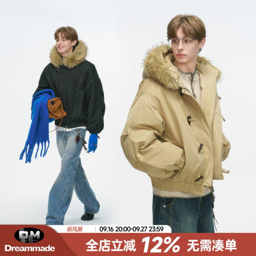 Dream made美式牛角扣毛领连帽棉服男女款冬季加厚派克服棉衣外套