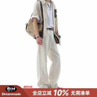 Dream made 老钱风亚麻休闲裤男款秋季直筒男生西裤白色修身裤子