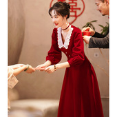 敬酒服平时可穿新娘2022新款 订婚回门冬天礼服酒红色 春秋长袖