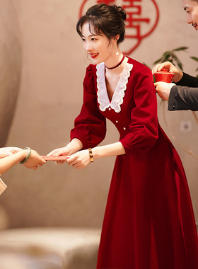 敬酒服平时可穿新娘2022新款春秋长袖订婚回门冬天礼服酒红色