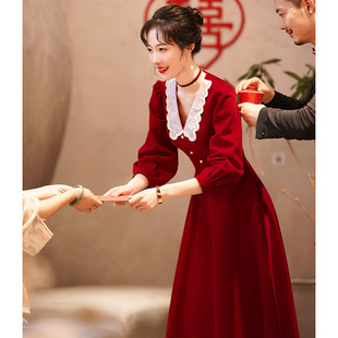 敬酒服平时可穿新娘2022新款春秋长袖订婚回门冬天礼服酒红色