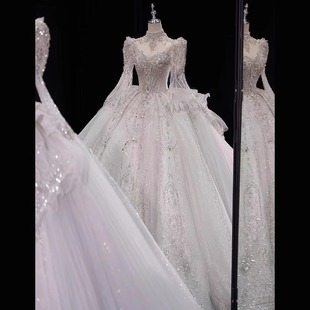 白色长袖 重工奢华高级质感高端大拖尾宫廷风主纱 高定婚纱2024新款