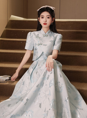 蓝色小晚礼服裙女新中式轻奢小众改良订婚旗袍艺考宴会套装